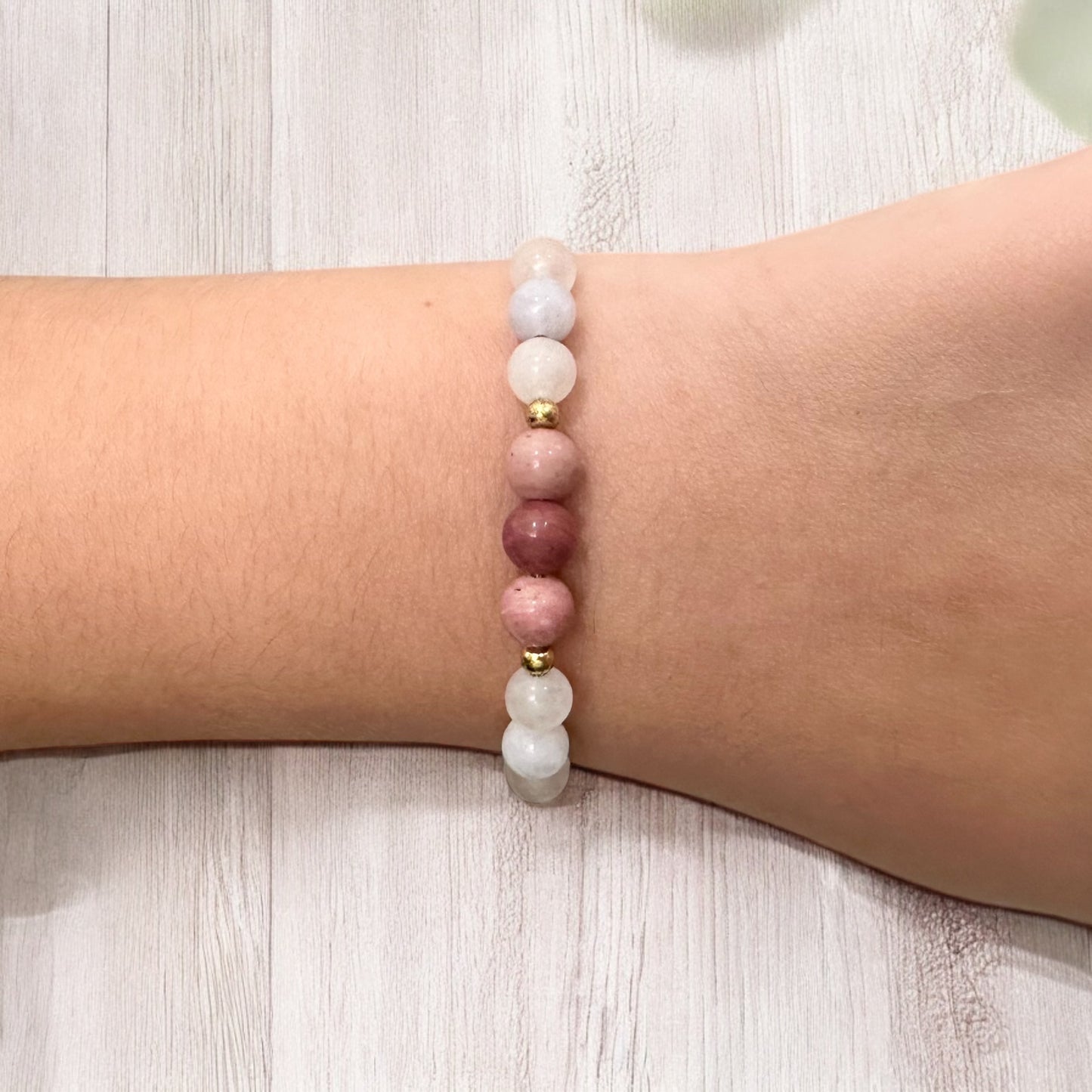 Healthy Pregnancy Bracelet with Rose Quartz, Aquamarine, Moonstone, Rhodonite Pearls Prenatal Gift for Expecting Mom to be Baby shower Gift