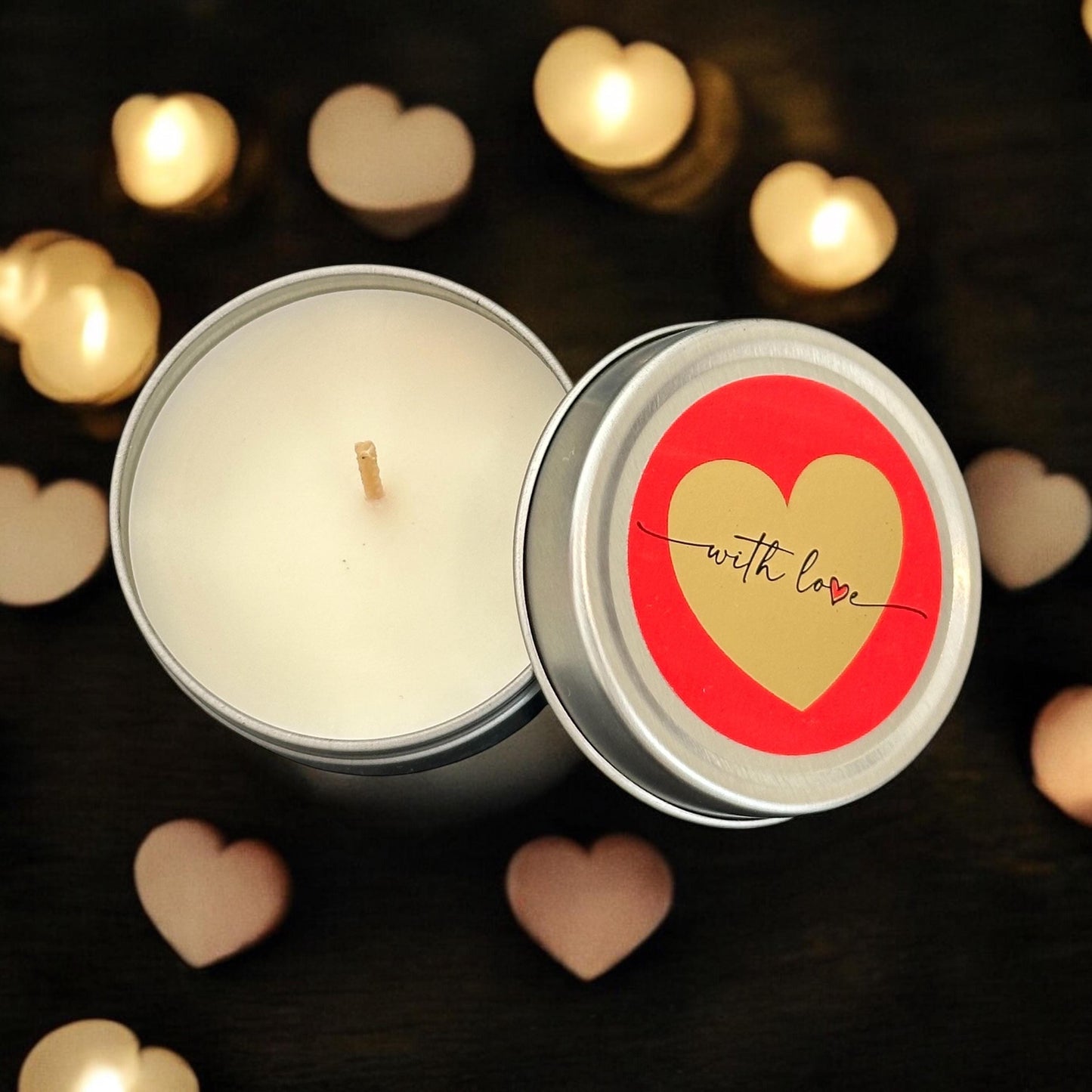 Mini Candle Gift “with Love” | Heart Candle Vanilla Scented Tea Lights in Silver Tin, Small Present Sending Love Valentines Day, Birthday