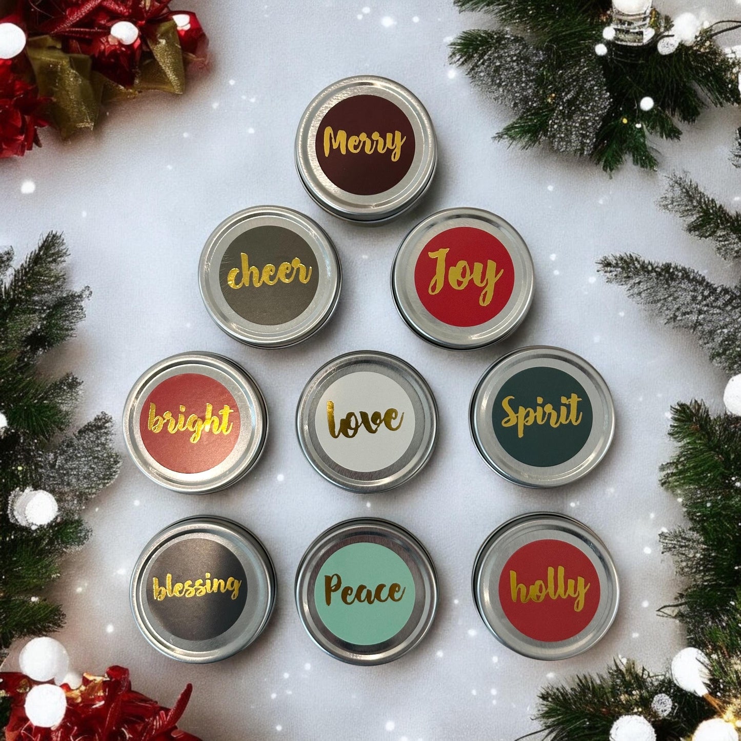 Mini Holiday Christmas (9) Candle Set Silver Tin, Small Present, Stocking Stuffer, Secret Santa, Company Giveaway, Advent Calendar
