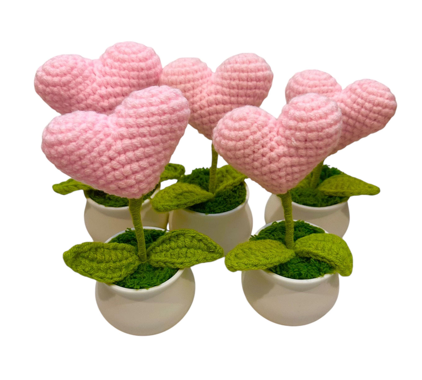 Valentine’s Day Gift: Handmade Mini Crochet Pink Heart Blooming in White Planter Pot – 5”x3”. Romantic Love Present, Pink Heart Rose