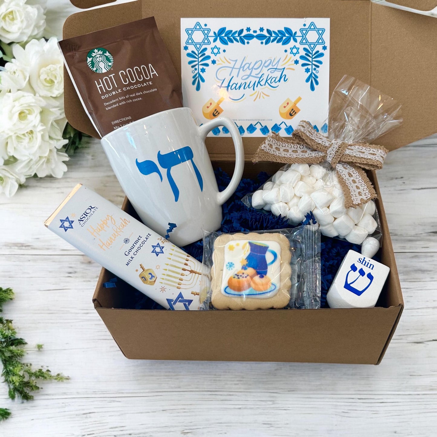 Happy Hanukkah Hot Chocolate in a Mug Gift Box | Marshmallows, Holiday Cookie, Dreidl Jewish Holiday Present Kosher Custom