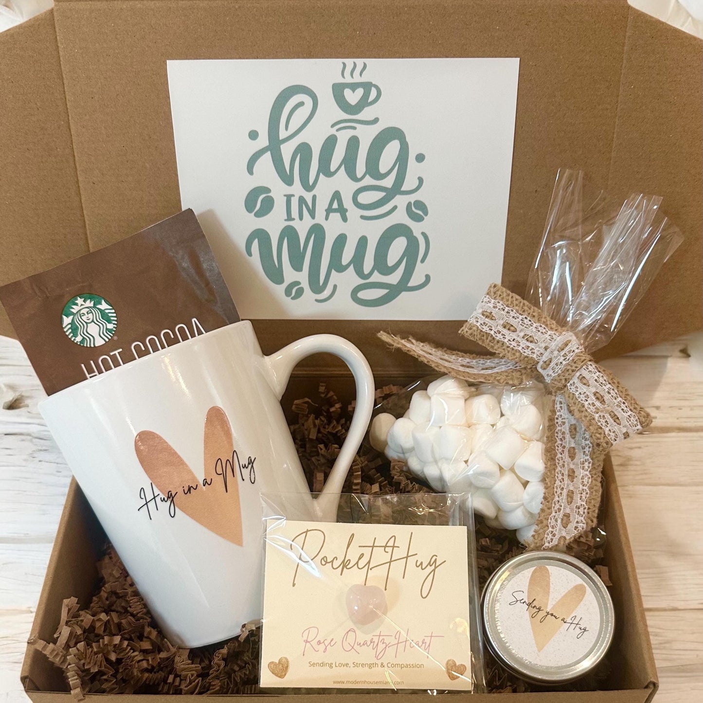 Hug in a Mug Gift Box Small | Hot Cocoa & Marshmallows Surprise, Holiday Wishes, Thank You, Thinking of You, Feel Better, Customized