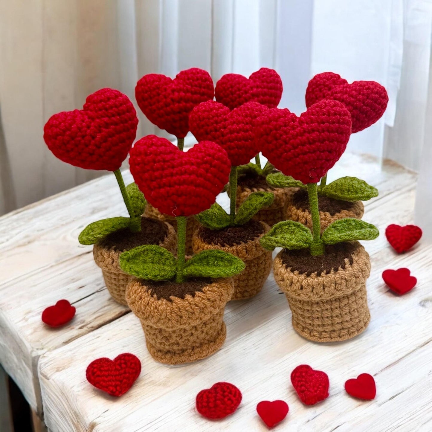 Mother’s Day Gift: Handmade Mini Crochet Red Heart Blooming in Crochet Brown Planter Pot – 5”x3”. Romantic Love Present, Red Heart Rose