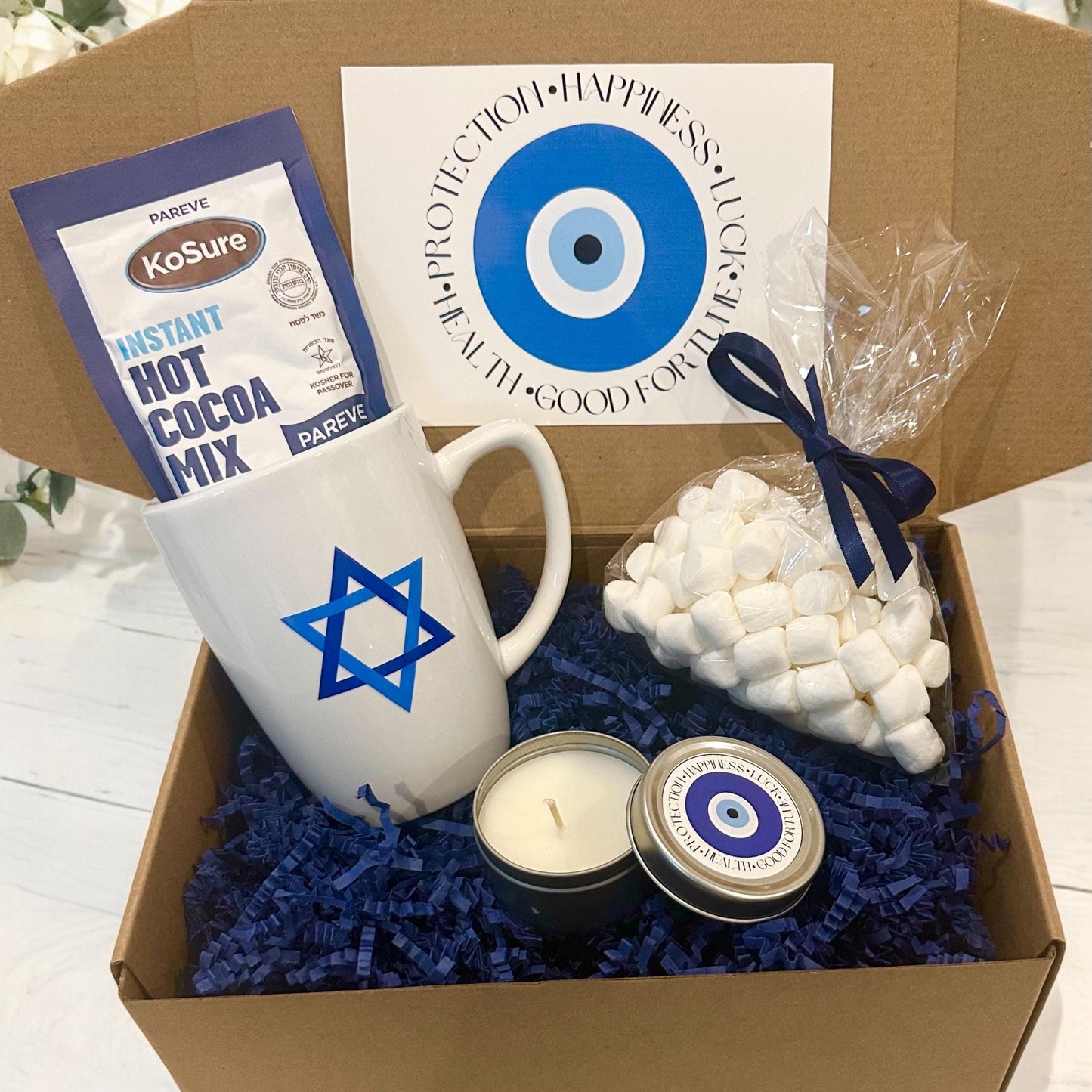 Jewish Holiday Gift Box, Hanukkah, Shabbat, Rosh Hashana, Break the Fast, Am Israel Chai, Star Of David, Hamsa Hand, Hug in a Mug Hostess