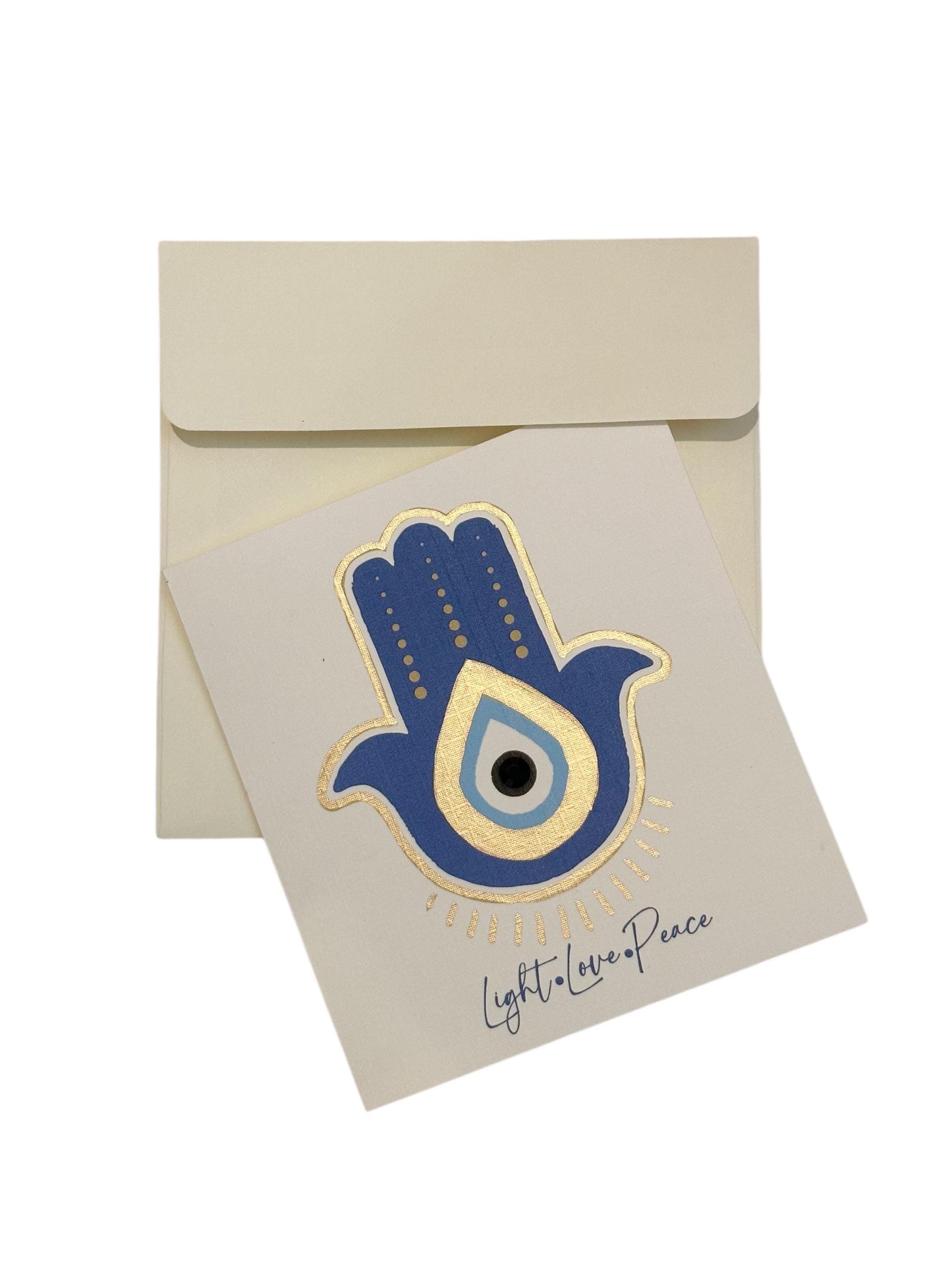 Hamsa Evil Eye "Light Love Peace" Fine Art Card, unique and meaningful greeting card designed, bring positivity and protection. Handmade USA