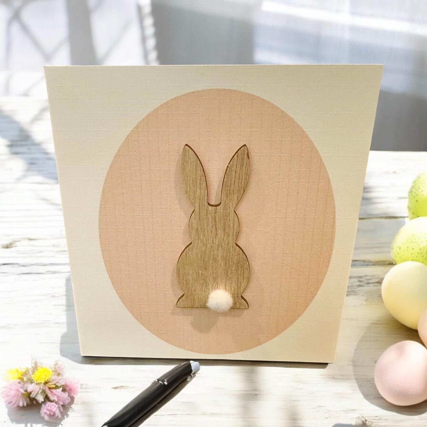 Happy Easter Card, Spring Greetings, Whimsical Baby Bunnies, Unique Holiday Fine Art Folded Cards, Pom Pom Eastern Wishes Handmade in USA