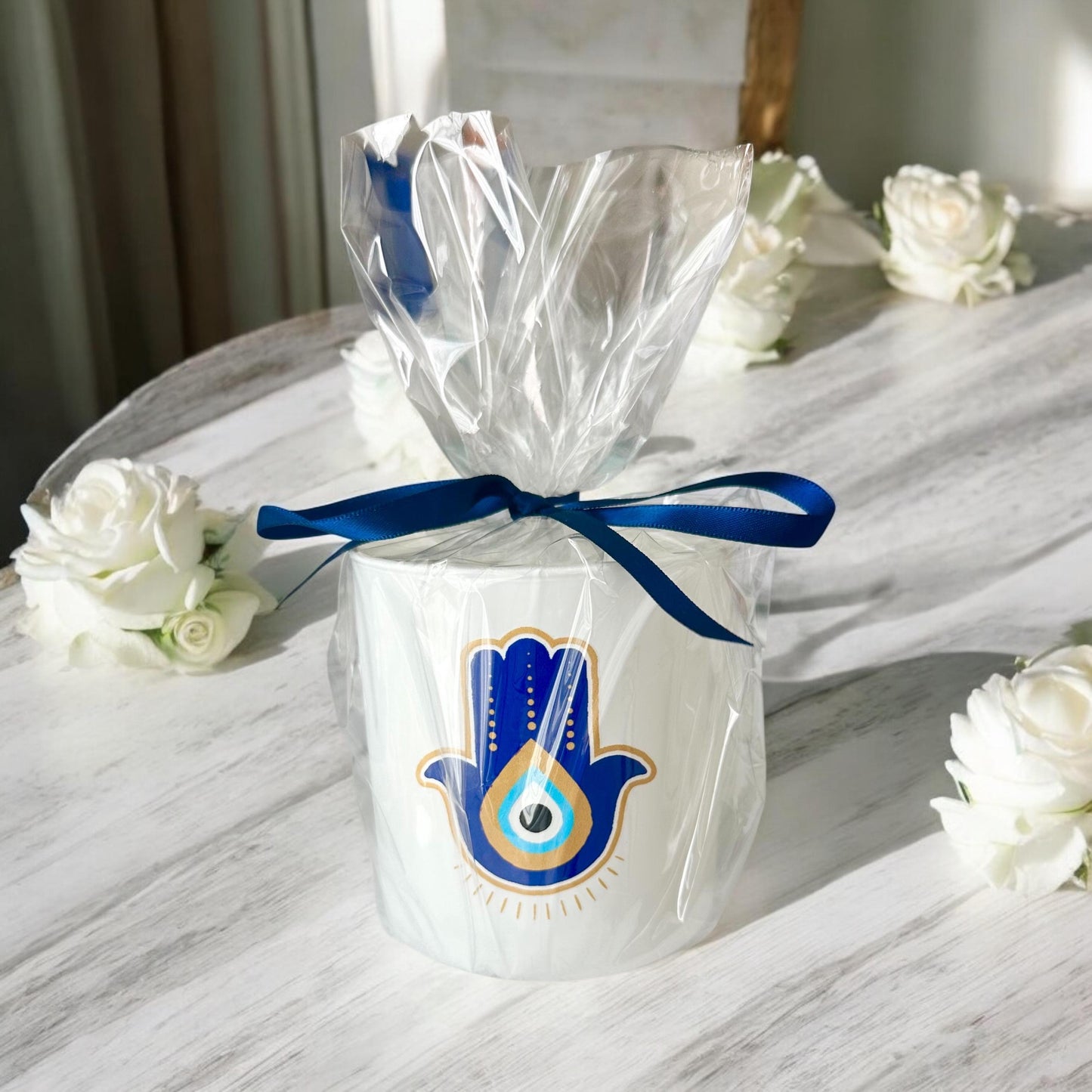 Hamsa Candle Holder Candle vessel table decoration white glass cup with Evil Eye Protection Decor, Boho Gift Spiritual Home Decor, Good luck