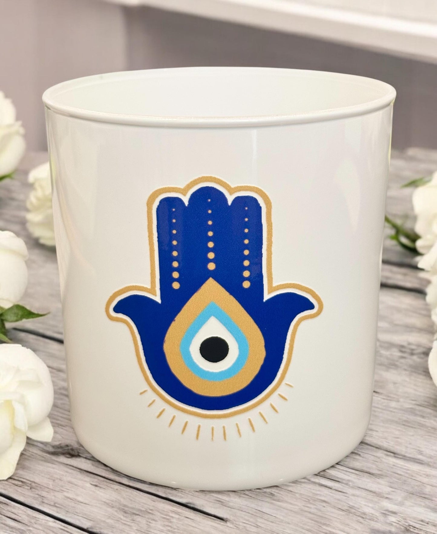 Hamsa Candle Holder Candle vessel table decoration white glass cup with Evil Eye Protection Decor, Boho Gift Spiritual Home Decor, Good luck