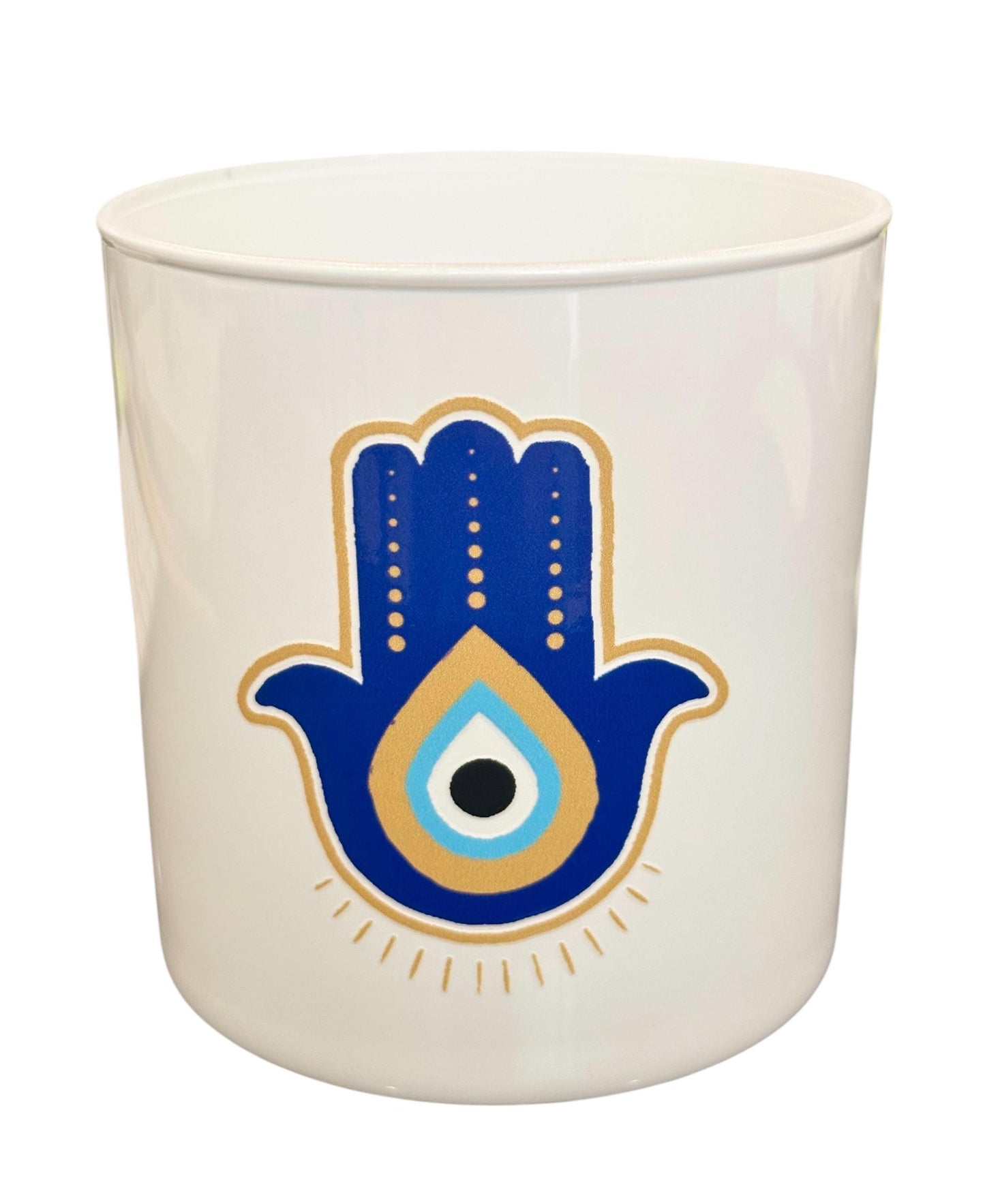 Hamsa Pencil Holder candle vessel, catch it all – white glass cup with Evil Eye Protection Decor, Boho Gift, Spiritual Home Decor, Good luck