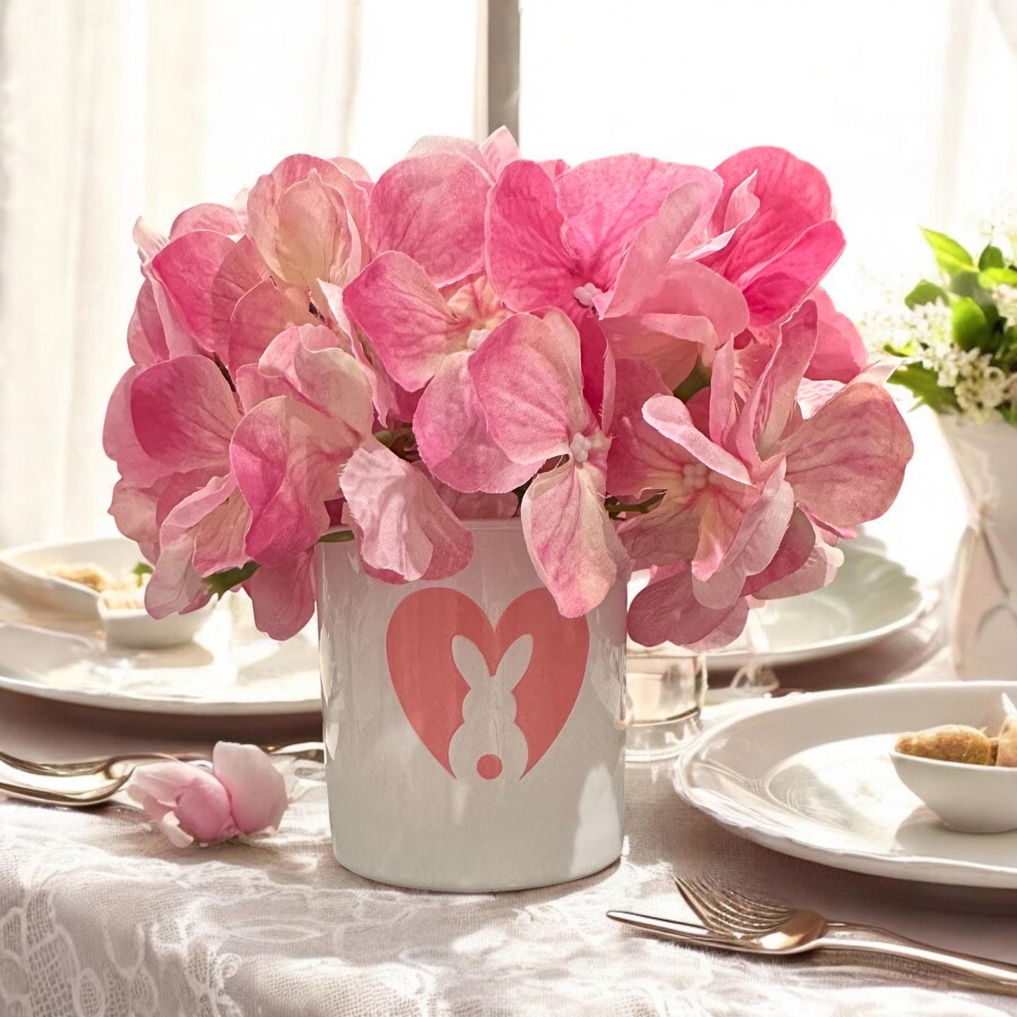 Springtime Easter Bunny Mini Vase Hydrangea Pink– White Glass Cute Spring Brunch Decor Gift, Hostess Present Home Decoration Centerpiece