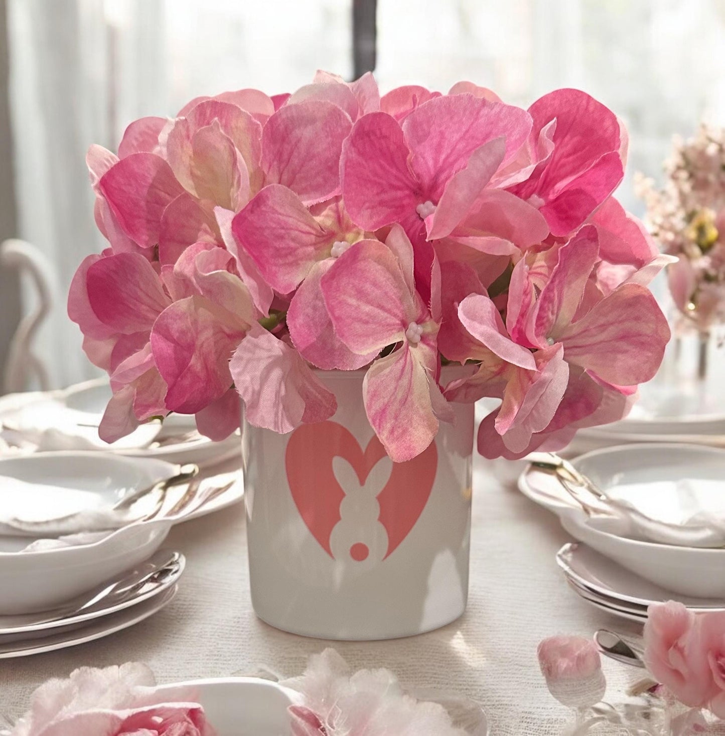 Springtime Easter Bunny Mini Vase Hydrangea Pink– White Glass Cute Spring Brunch Decor Gift, Hostess Present Home Decoration Centerpiece