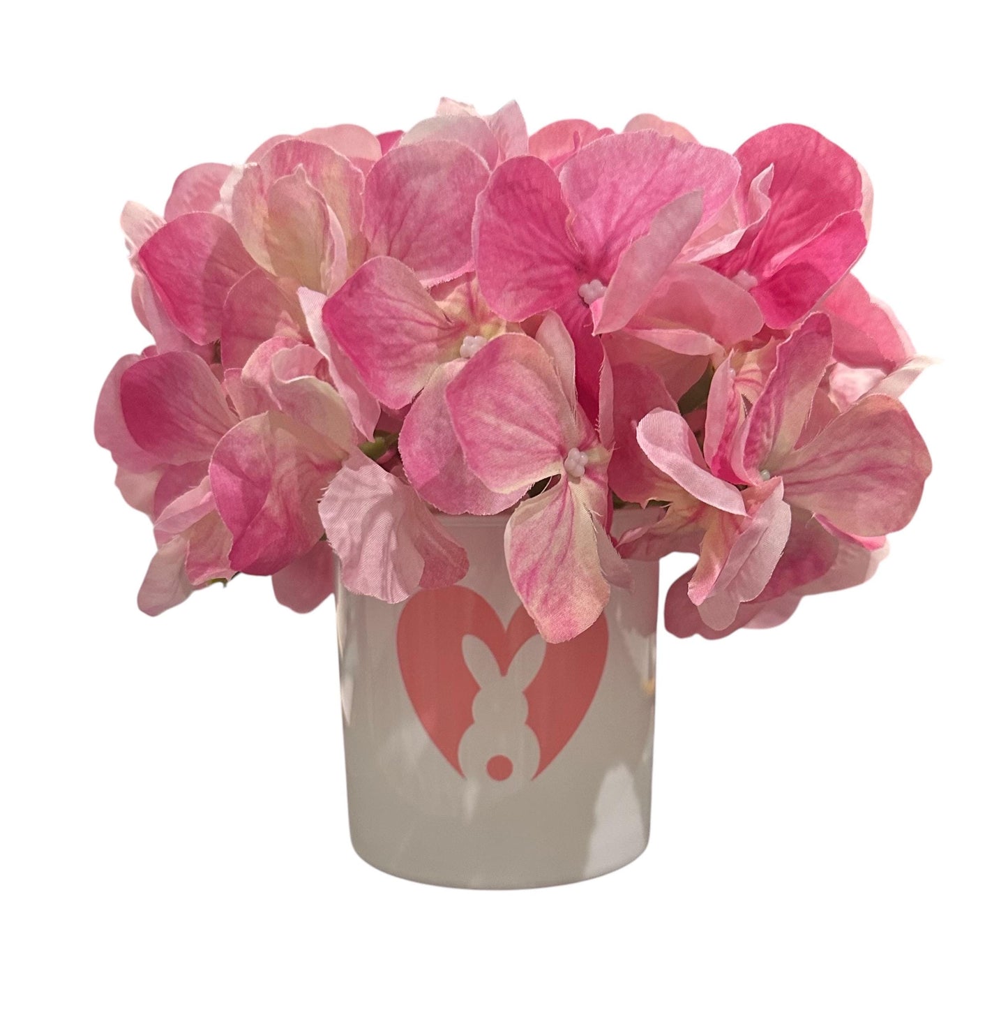 Springtime Easter Bunny Mini Vase Hydrangea Pink– White Glass Cute Spring Brunch Decor Gift, Hostess Present Home Decoration Centerpiece