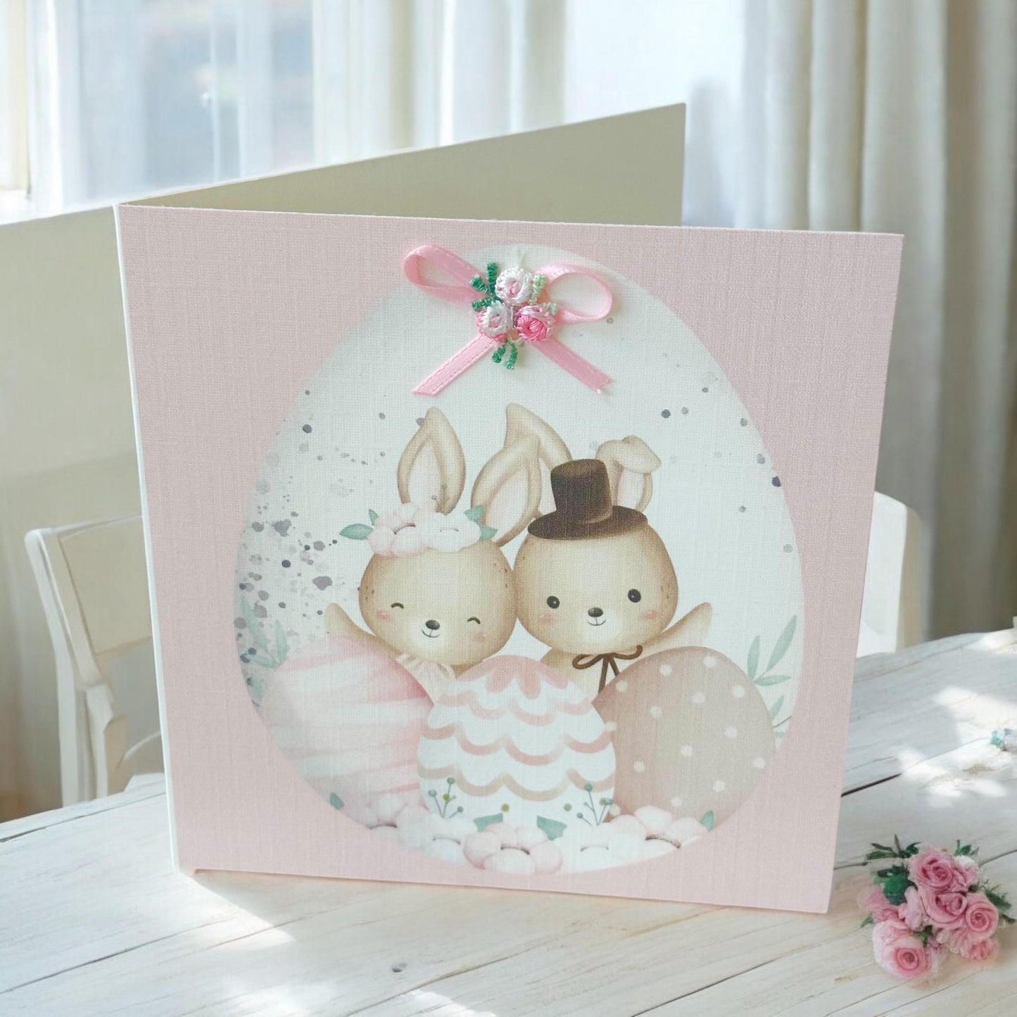 Pastel Bunny Easter Card, Spring Greetings, Whimsical, Charming, Baby Bunnies, Holiday Fine Art Folded Cards, Pink Bow Eastern Wishes