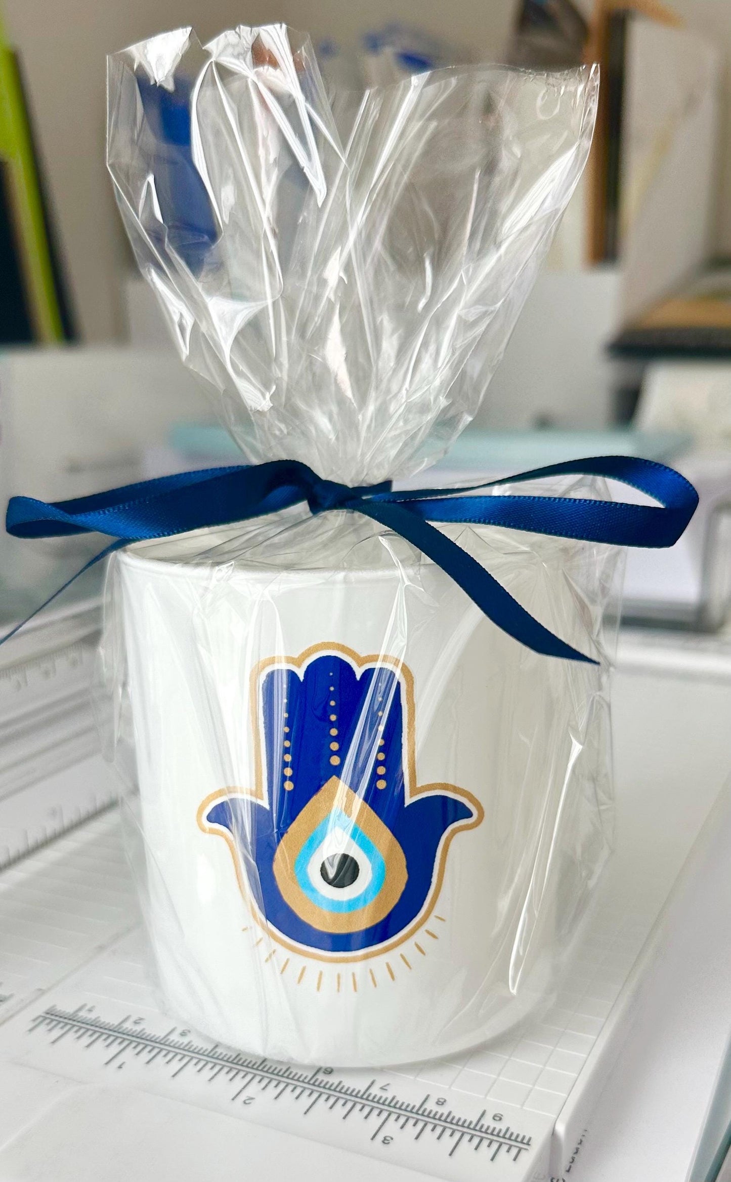 Hamsa Candle Holder Candle vessel table decoration white glass cup with Evil Eye Protection Decor, Boho Gift Spiritual Home Decor, Good luck