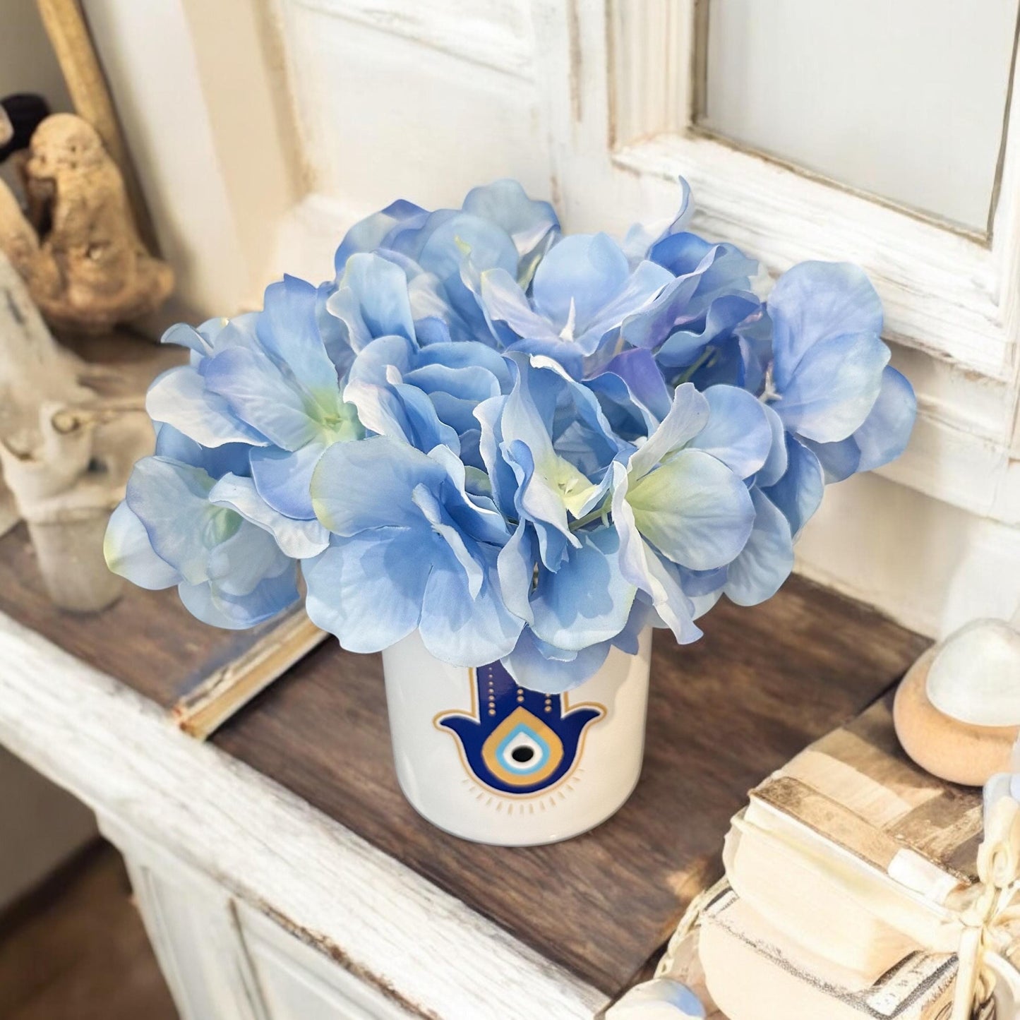 Hamsa Eye Flower Vase Decor Entryway Artificial Hydrangea Blue & White Gift, Protective Good Fortune Present Decoration for Sideboard