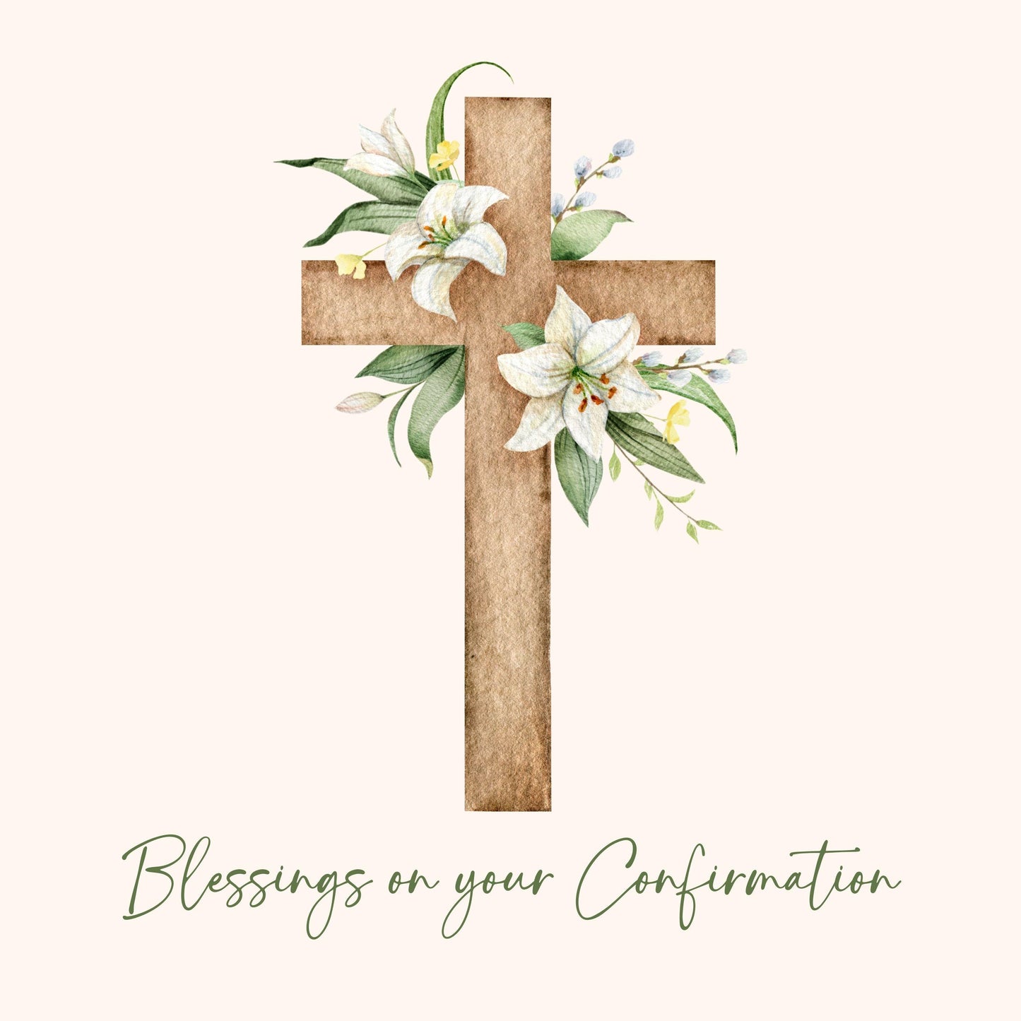 Confirmation Card with Wooden Cross and White Lily Floral Design – Religious Blessings Card, Catholic Christian, Faith, Holy Spirit Custom