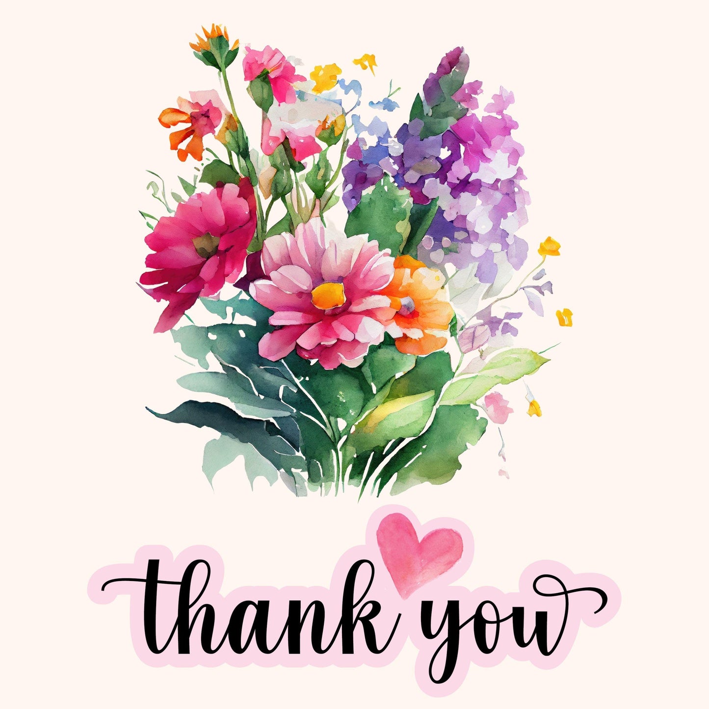 Thank You Card with Watercolor Print Floral Bouquet – Handmade Greeting Card with Envelope Teacher Appreciation, Flower Greetings, Thanks