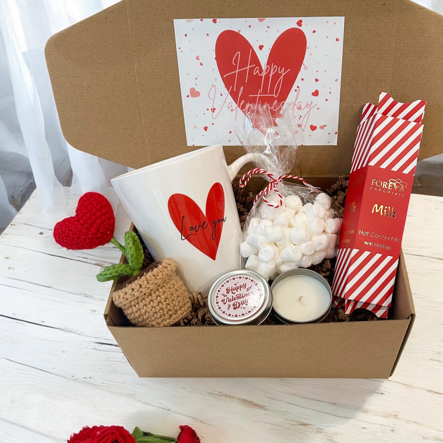 Valentine’s Day Love you Gift Box | Hot Chocolate Marshmallows Hug in a Mug Galentines Present, Romantic, Couple Gifts, Girlfriend Boyfriend