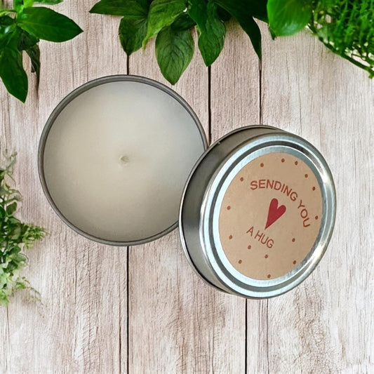 Mini Candle Gift with Inspirational Quotes | Vanilla Scented Tea Lights in Silver Tin, Send Hugs Strength Smiles & Courage, Small Present