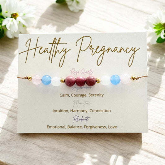 Healthy Pregnancy Bracelet with Rose Quartz, Aquamarine, Moonstone, Rhodonite Pearls  Prenatal Gift for Expecting Mom to be Baby shower Gift