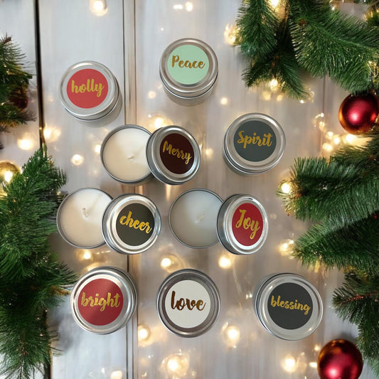 Mini Holiday Christmas (9) Candle Set Silver Tin, Small Present, Stocking Stuffer, Secret Santa, Company Giveaway, Advent Calendar