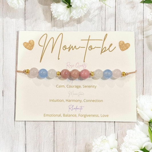 Mom-to-be Bracelet with Rose Quartz, Aquamarine, Moonstone, Rhodonite  Prenatal for Expecting new Mother Baby shower Gift, Pregnancy Present