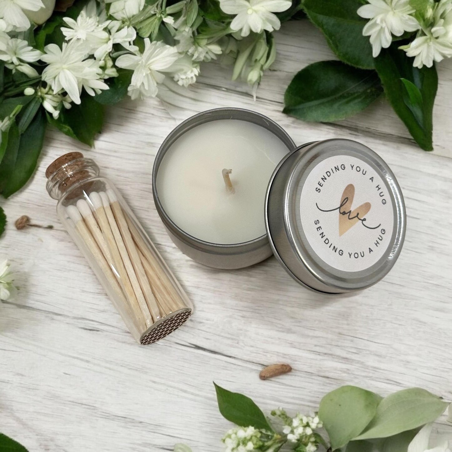 Sending you a Hug Tealight Candle Matches Gift Set | Vanilla Scent Small Present in Silver Tin, Friends, Family, Giveaway Send Love Sympathy