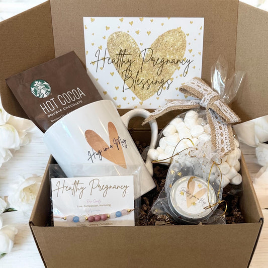 Healthy Pregnancy Gift Box Hot Chocolate Marshmallows CrystalBracelet, Mini Candle & Fuzzy Socks Prenatal Present Expecting Mom to be Custom
