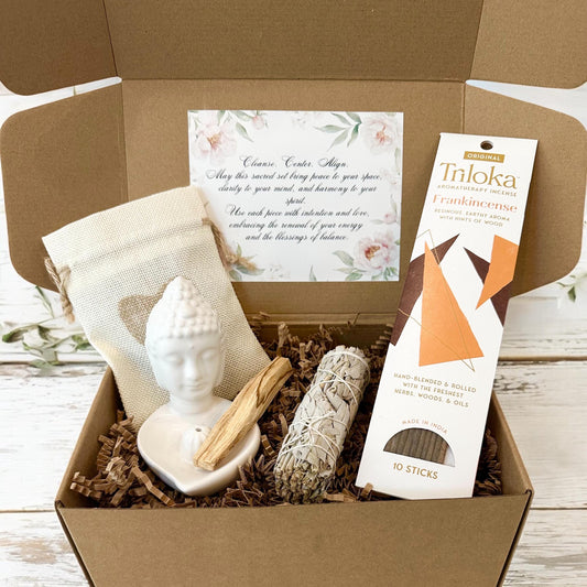 Sacred Serenity Smudge & Cleanse Gift Box – New Year, new Beginnings, Palo Santo, Sage, Buddha Incense Holder, Energy Cleansing Meditation