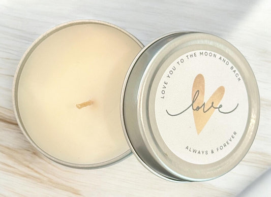 Love you to the moon and back, always and forever Mini Candle Valentines Gift | Vanilla Scented Tea Lights in Silver Tin, Small Present