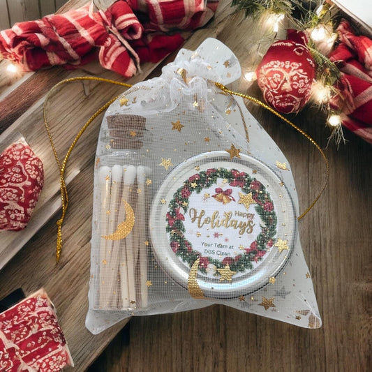 Custom Happy Holiday Tealight Candle Gift Set | Vanilla Scent Small Present Friends, Family Co-worker Gift Company Giveaway Stocking Stuffer