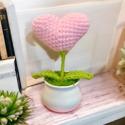Valentine’s Day Gift: Handmade Mini Crochet Pink Heart Blooming in White Planter Pot – 5”x3”. Romantic Love Present, Pink Heart Rose