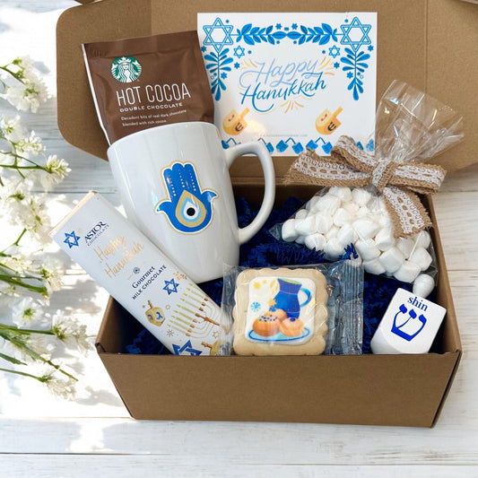 Happy Hanukkah Hot Chocolate in a Mug Gift Box | Marshmallows, Holiday Cookie, Dreidl Jewish Holiday Present Kosher Custom