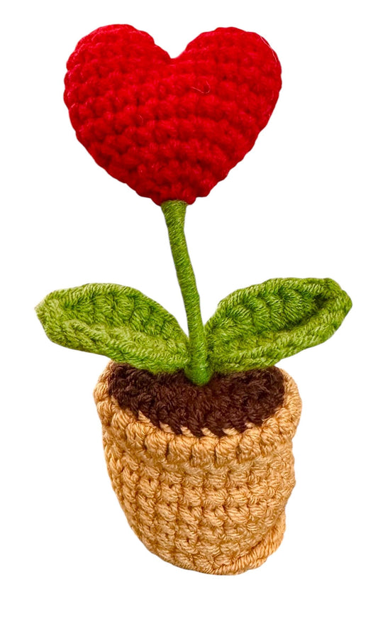 Mother’s Day Gift: Handmade Mini Crochet Red Heart Blooming in Crochet Brown Planter Pot – 5”x3”. Romantic Love Present, Red Heart Rose