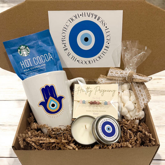 Hamsa Healthy Pregnancy Protection Gift Box, Hot Chocolate Marshmallows, Crystal Bracelet, Prenatal Present Expecting Mom to be Custom