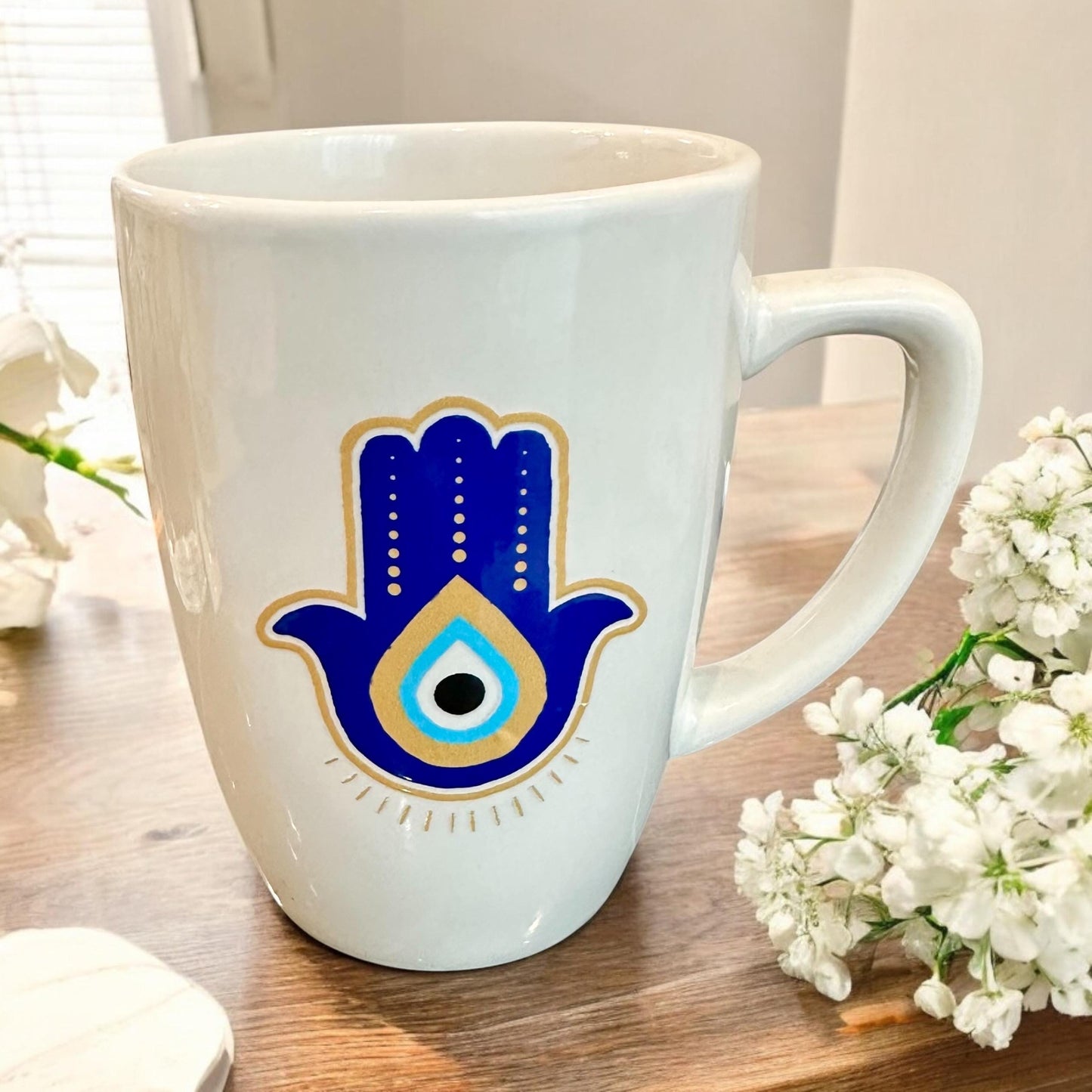 Hamsa Mug Evil Eye Protection, Good luck Ceramic mug, New Home Gift, Decorative Mug, Hand of Fatima, 12oz Hot Chocolate Coffee Tea Mug,