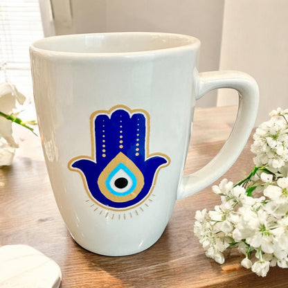 Hamsa Mug Evil Eye Protection, Good luck Ceramic mug, New Home Gift, Decorative Mug, Hand of Fatima, 12oz Hot Chocolate Coffee Tea Mug,