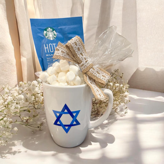 Unique Bar and Bar Mitzwa Giveaway Jewish Star Ceramic mug Hot chocolate Marshmallows Custom Event Gift Branding Merchandise Kosher Present