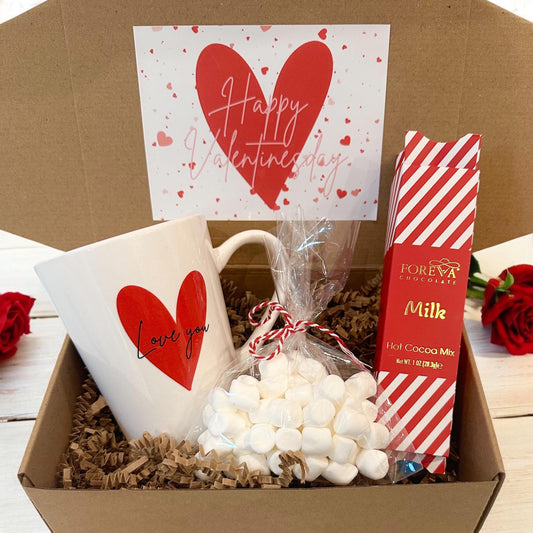 Valentine’s Day Love you Gift Box | Hot Chocolate Marshmallows Hug in a Mug Galentines Present, Romantic, Couple Gifts, Girlfriend Boyfriend