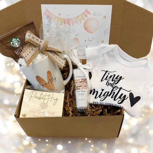 Preemie Hug in a Mug Gift Box | Hot Chocolate, Marshmallows, Tiny Onesie, Handcream, Present for Premature Newborn Parents in NICU.