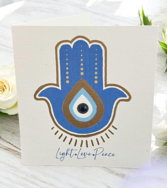 Hamsa Evil Eye "Light Love Peace" Fine Art Card, unique and meaningful greeting card designed, bring positivity and protection. Handmade USA