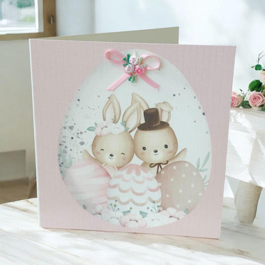 Pastel Bunny Easter Card, Spring Greetings, Whimsical,  Charming, Baby Bunnies, Holiday Fine Art Folded Cards, Pink Bow Eastern Wishes