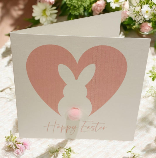 Pink Bunny Easter Card, Spring Greetings, Whimsical,  Charming, Baby Bunnies, Holiday Fine Art Folded Cards, Pink Pom Pom Eastern Wishes