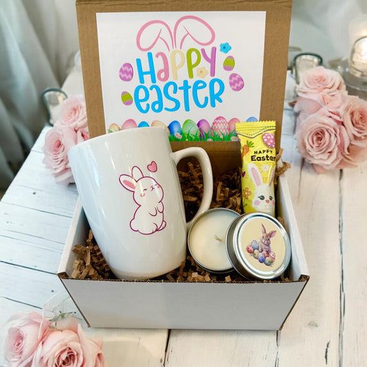 Happy Easter Gift Box – Adorable Bunny or Spring Mug, Mini Vanilla Candle and Marshmallow Chocolate Treat Surprise. Gift for Family Friends