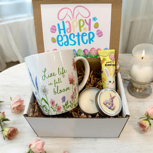 Happy Easter Gift Box – Adorable Bunny or Spring Mug, Mini Vanilla Candle and Marshmallow Chocolate Treat Surprise. Gift for Family Friends
