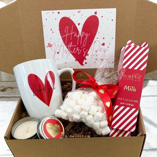 Happy Mother’s Day Gift Box| Unique Love You Ceramic Mug, Hot Cocoa, Marshmallows Mini Candle | Gift for Mom, New Mom Present, Mama’s Mum
