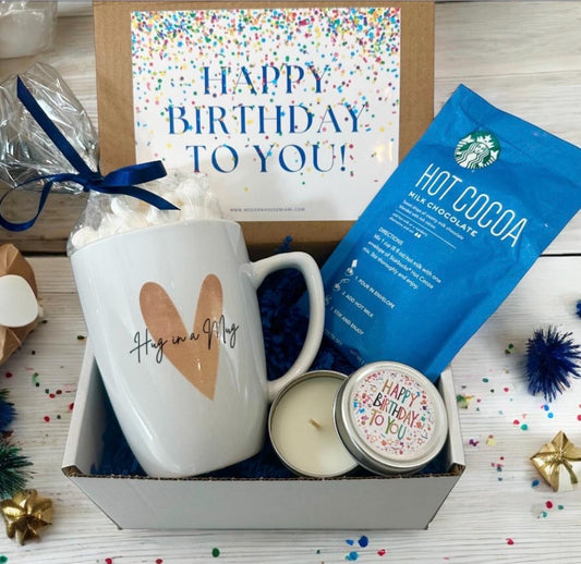 Happy Birthday Gift Box | Unique Mug, Hot Chocolate, Marshmallows Vanilla Scented Candle Small Present Surprise Friends, Family, Co-worker