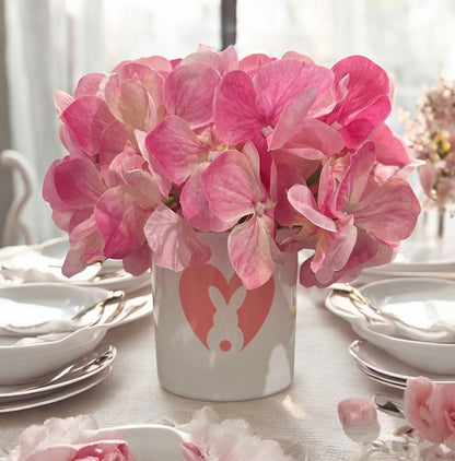 Springtime Easter Bunny Mini Vase  Hydrangea Pink– White Glass Cute Spring Brunch Decor Gift, Hostess Present Home Decoration Centerpiece