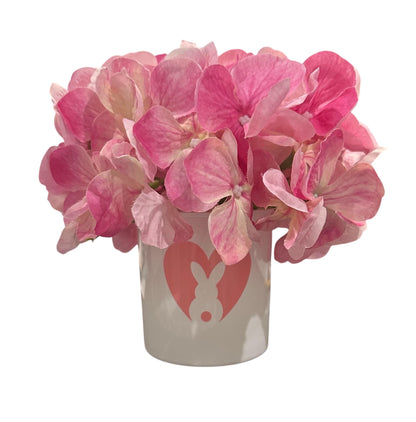 Springtime Easter Bunny Mini Vase  Hydrangea Pink– White Glass Cute Spring Brunch Decor Gift, Hostess Present Home Decoration Centerpiece