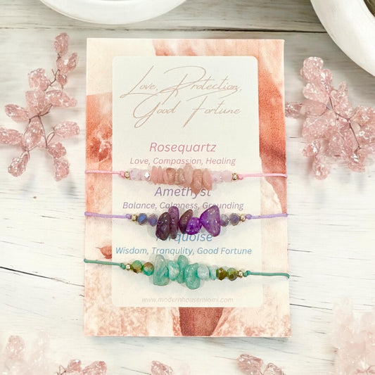 Trio Gemstone Bracelet Set, Amethyst, Rose Quartz and Turquoise for Healing, Love & Protection. Healing Vibes, Thinking of you, Sending Love